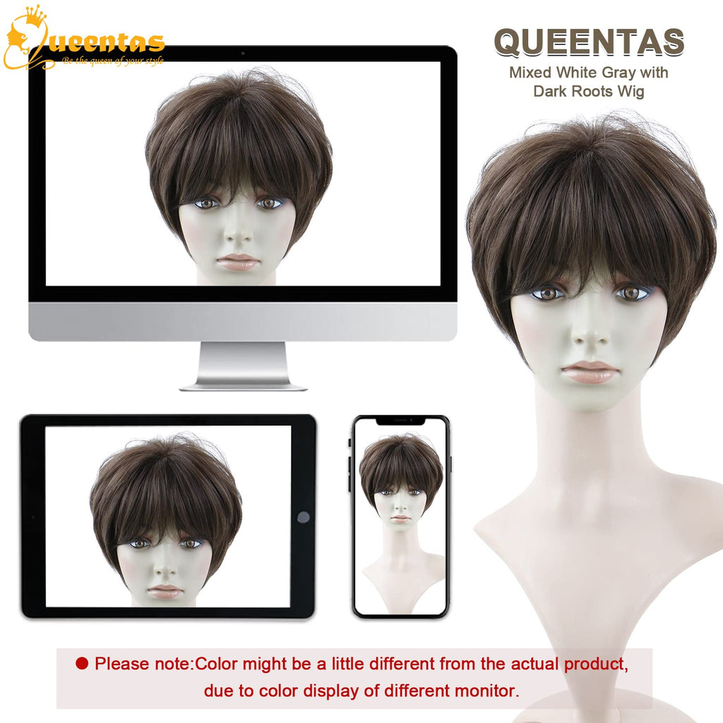 no47 yms✨2PCS 50% OFF✨P13330 Dark Brown Pixie Wigs for Women Short Hair with Bangs Pixie Cut Bob Layered Straight Heat Resistant Synthetic Full Wigs for Black White Women