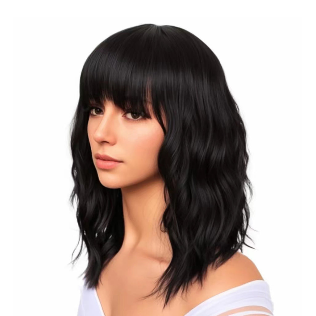 Phocas 12" Short Bob Wigs for Black Women Water Wavy Wig Synthetic Black Wig with Bangs