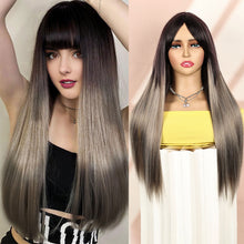 FH Synthetic Fiber 26 Inches Straight Wig Long Wig with Bangs ash brown ombre with black roots P14941