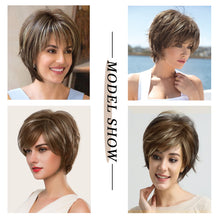 Lakihair Short Brown Pixie Cut Wigs for Women with Bangs Highlight Blonde Synthetic Short Hair Wig