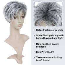 Load image into Gallery viewer, Lakihair Short Grey Wigs for Women Ombre Grey Pixie Cut Wig with Bangs Fluffy Hightlight Short Wigs
