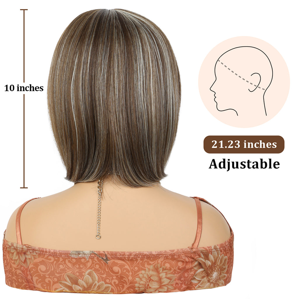 Phocas 10inch Short Brown Wigs for Women Bob Wig with Bangs Highlight Blonde Short Wigs