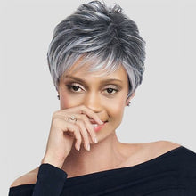 Lakihair Short Grey Wigs for Women Ombre Grey Pixie Cut Wig with Bangs Fluffy Hightlight Short Wigs