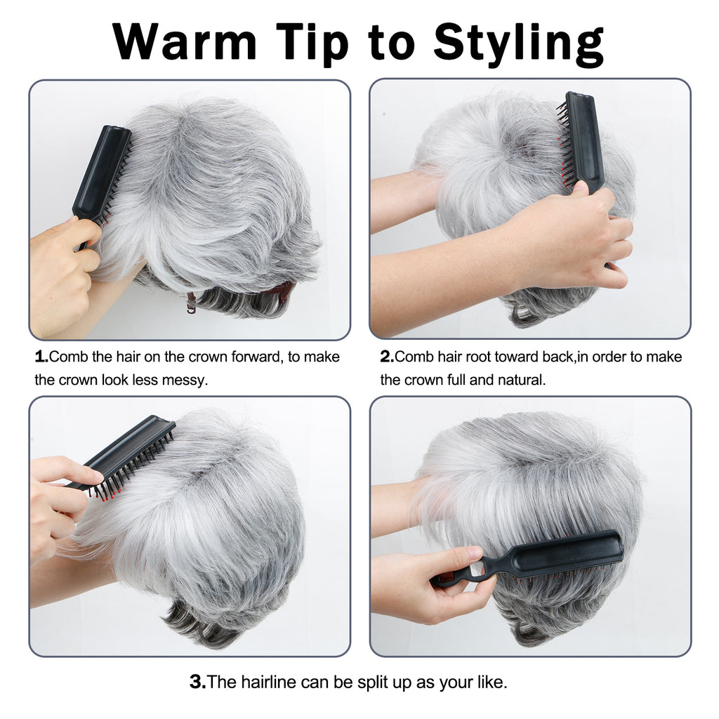 Lakihair Short Grey Wigs for Women Pixie Cut Wigs with Bangs Fluffy Layered Ombre Gray Wigs