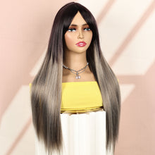 FH Synthetic Fiber 26 Inches Straight Wig Long Wig with Bangs ash brown ombre with black roots P14941