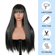 Lakihair 24inch Human Hair Wigs for Black Women Long Black Wig with Bangs Straight Wig