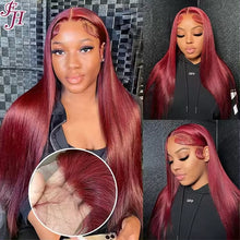 Load image into Gallery viewer, FH red 99J straight 13x4 lace frontal real human hair wig
