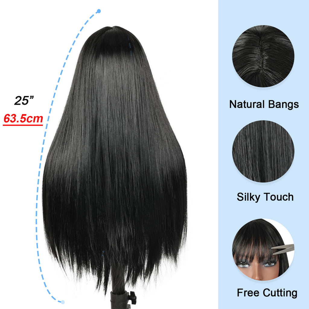 Lakihair 24inch Human Hair Wigs for Black Women Long Black Wig with Bangs Straight Wig