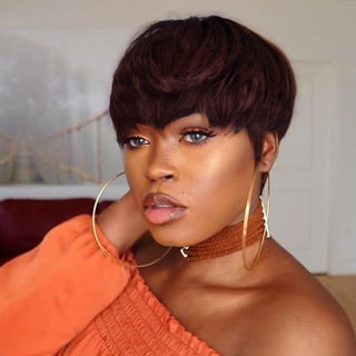 Creamily Short Wigs with Bangs Natural Straight Wine Red Human Hair Wigs 16010