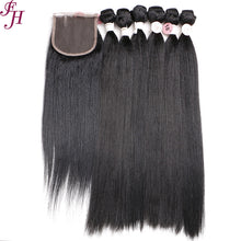 Load image into Gallery viewer, FH Q14415 black straight hair 6 pcs 18 inch hair bundles with lace closure