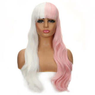 FHTK P13965 white and pink long straight hair bang wig synthetic wig