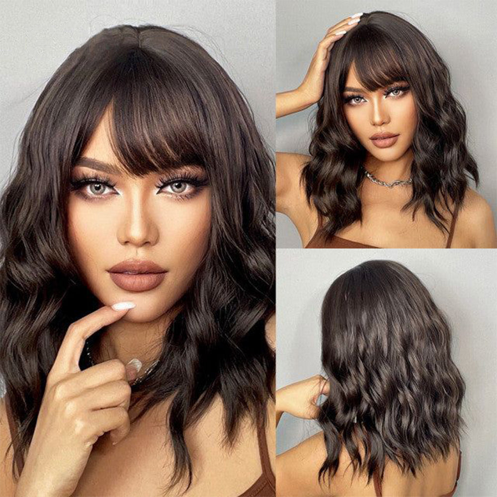 short bob wig with bangs wavy dark brown 13613