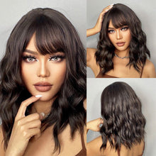 Load image into Gallery viewer, short bob wig with bangs wavy dark brown 13613