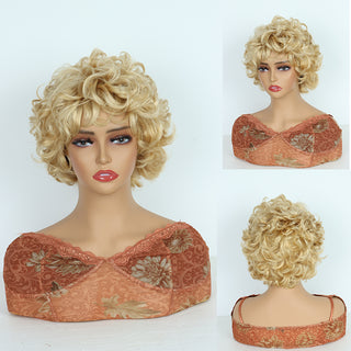 【2FH】 Q16163 blonde short curly machine made real hair wig