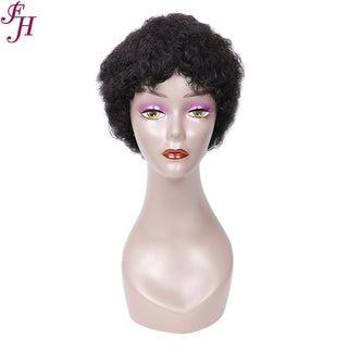 FH 100% human hair wig color black machine made wig short curly wig