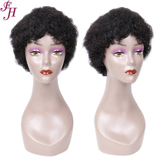 FH 100% human hair wig color black machine made wig short curly wig