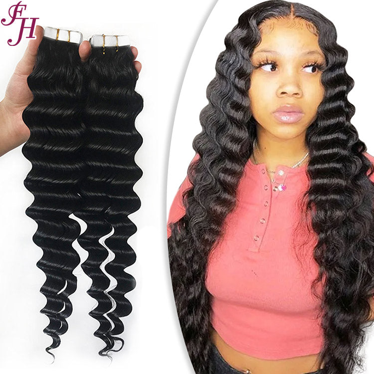 FH factory price black deep wave tape in hair extensions