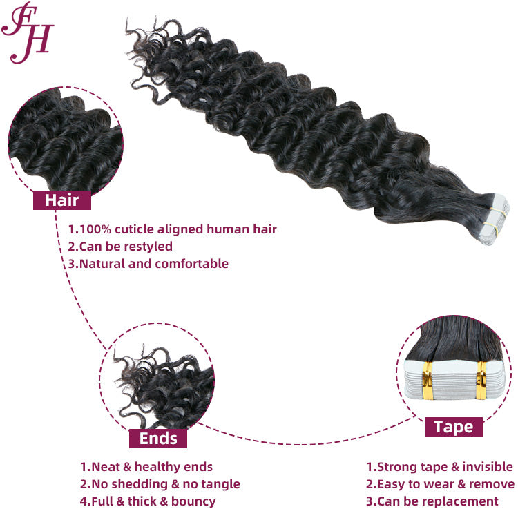 FH factory price black deep wave tape in hair extensions