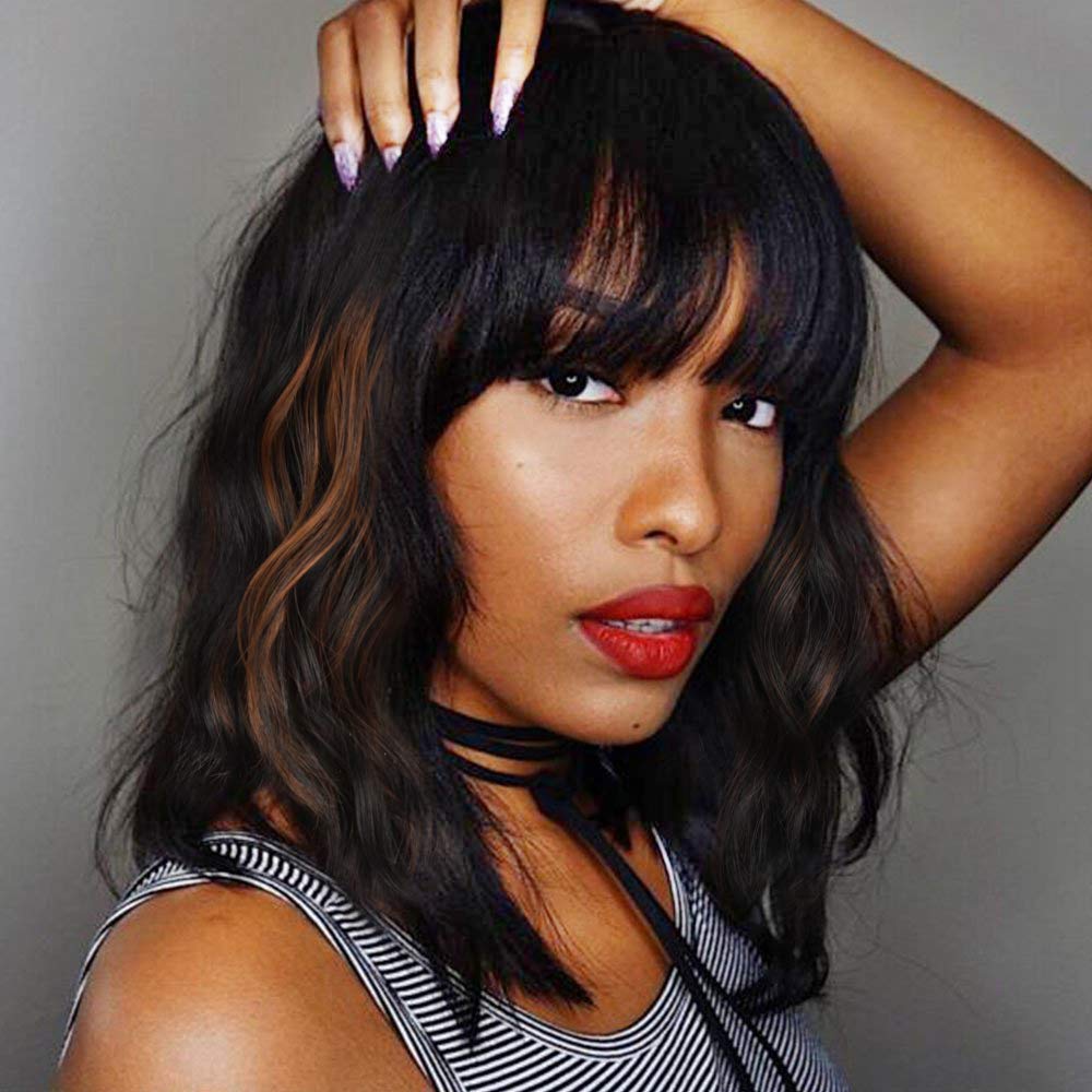 Creamily Short Bob Wig with Bangs Curly Wave Shoulder Length Wigs 559