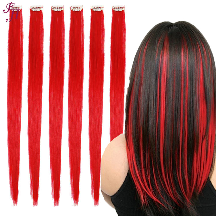 FH high resistant red color 6 pcs clip in hair extensions synthetic hair fibers