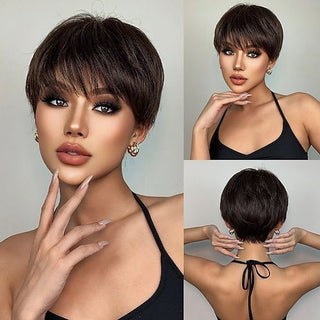 Creamily Short Brown Human Hair Pixie Cut Wigs with Bangs