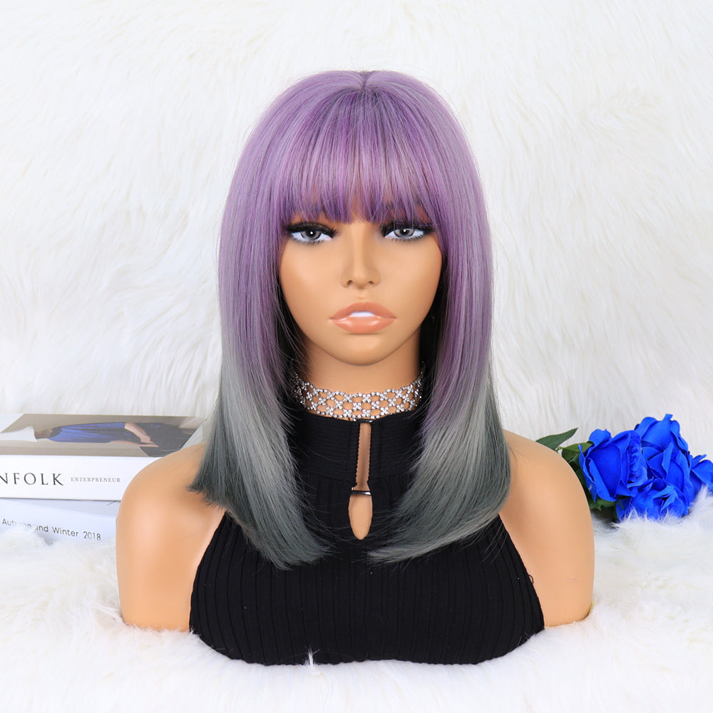 14inch P14347  ombre purple gray short bob bang synthetic wig