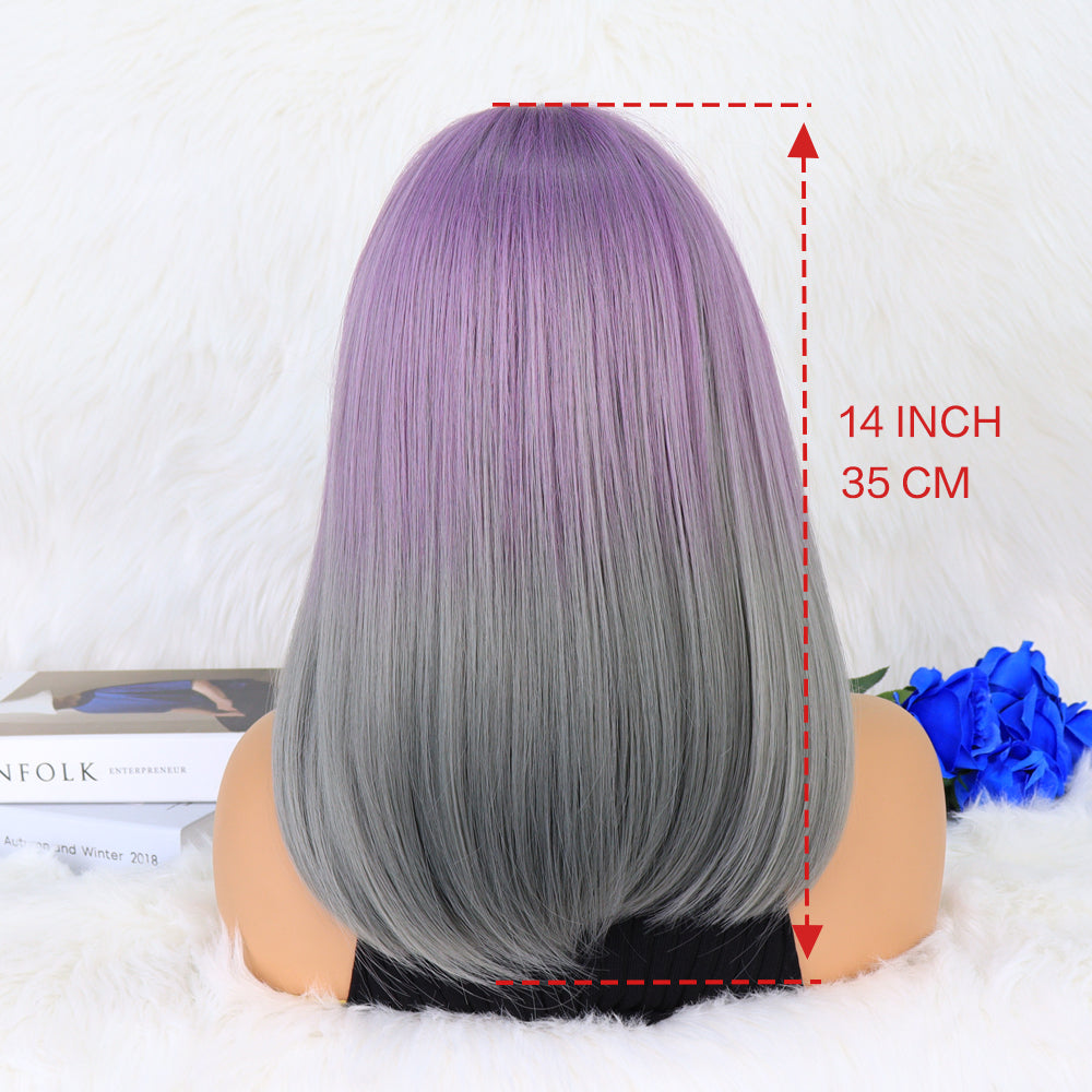 14inch P14347  ombre purple gray short bob bang synthetic wig