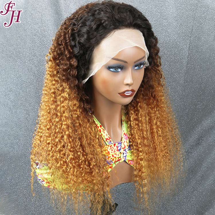 FH ombre brown color 13x4 lace frontal jerry curly human hair wig