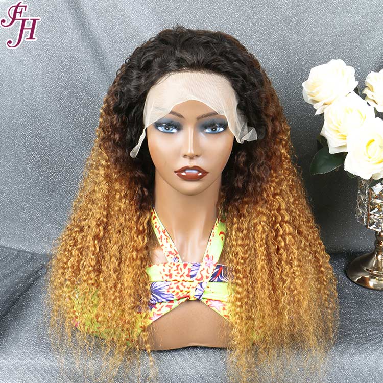 FH ombre brown color 13x4 lace frontal jerry curly human hair wig