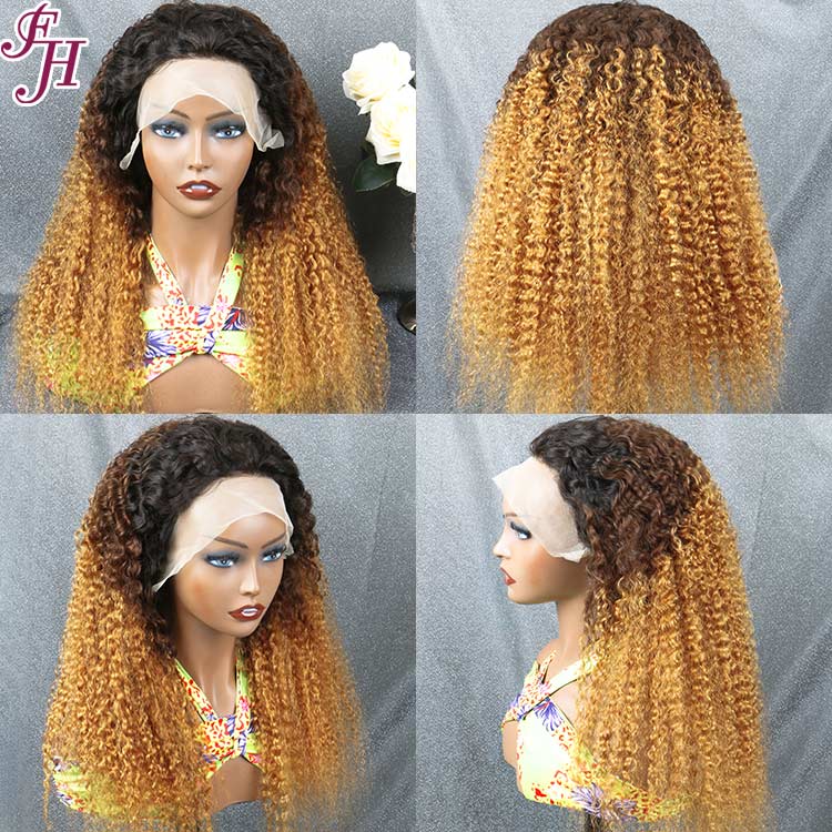 FH ombre brown color 13x4 lace frontal jerry curly human hair wig