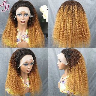 FH ombre brown color 13x4 lace frontal jerry curly human hair wig