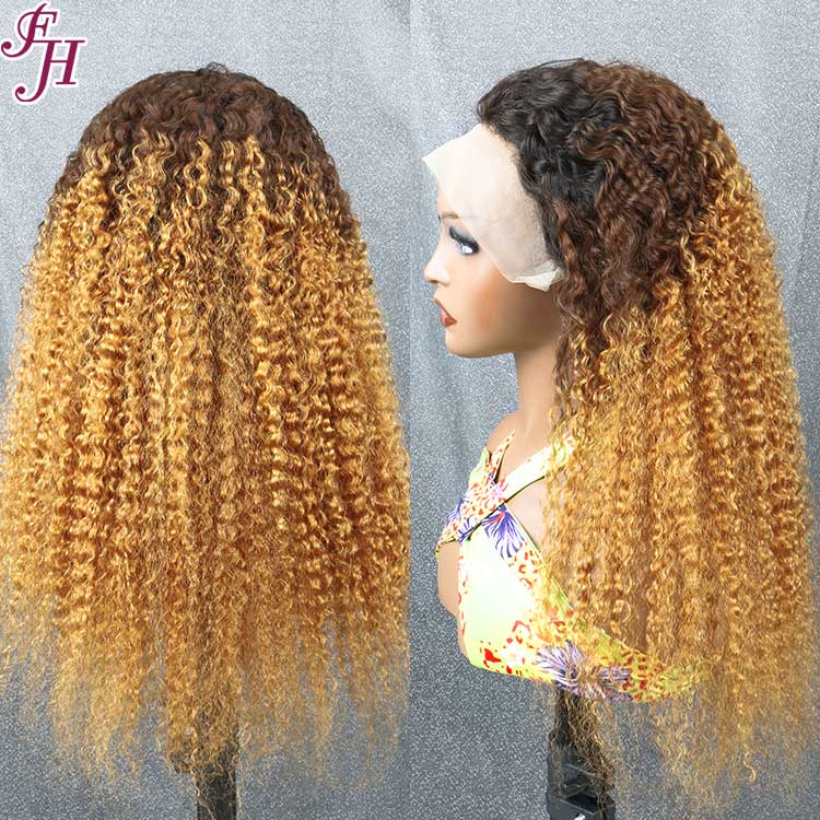 FH ombre brown color 13x4 lace frontal jerry curly human hair wig