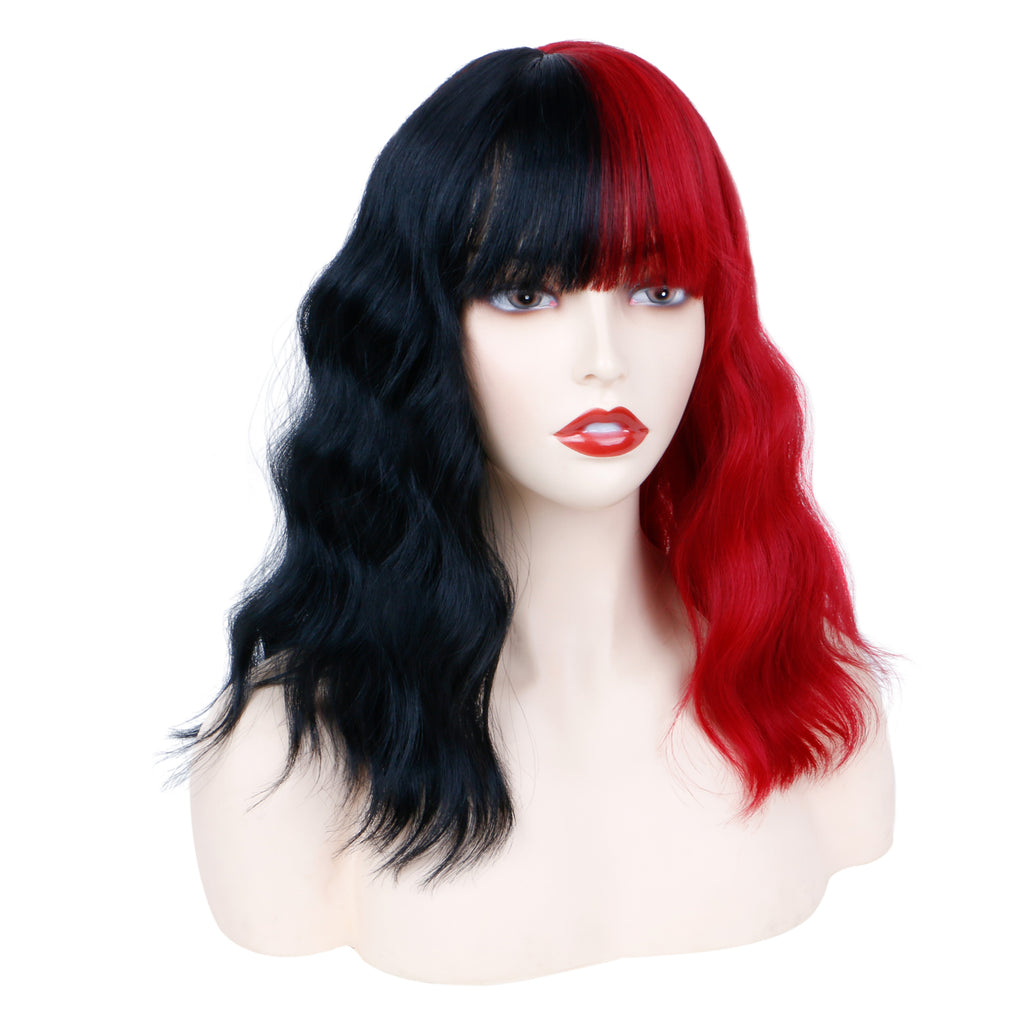 Creamily Half Black Half Red Wigs with Bangs Short Curly Wavy Bob Wigs 793