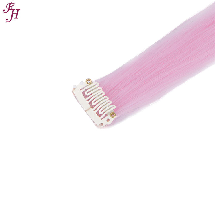 FH long 6 pcs one set colored synthetic hair pale pink clip in hair extensions