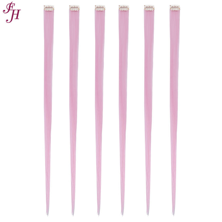 FH long 6 pcs one set colored synthetic hair pale pink clip in hair extensions