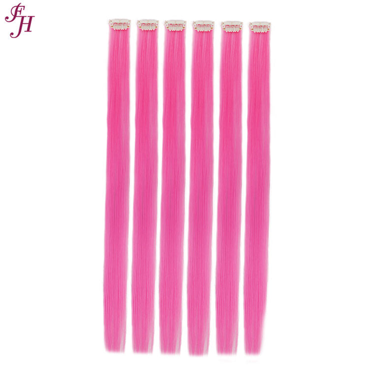 FH 20 inches straight hot pink synthetic hair extension clip in 6 pcs on set