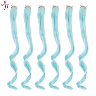 FH 6 pcs wavy wave clip in hair extensions color baby blue synthetic hair