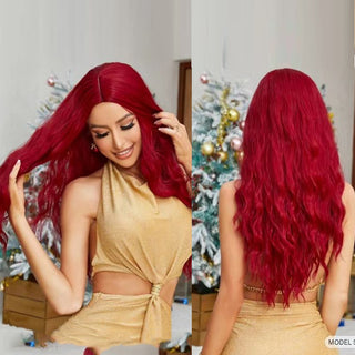 FHGZ P13959 red long wavy machine made synthetic wig