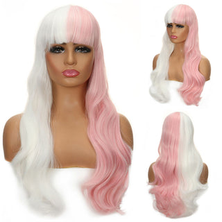 FHTK P13965 white and pink long straight hair bang wig synthetic wig