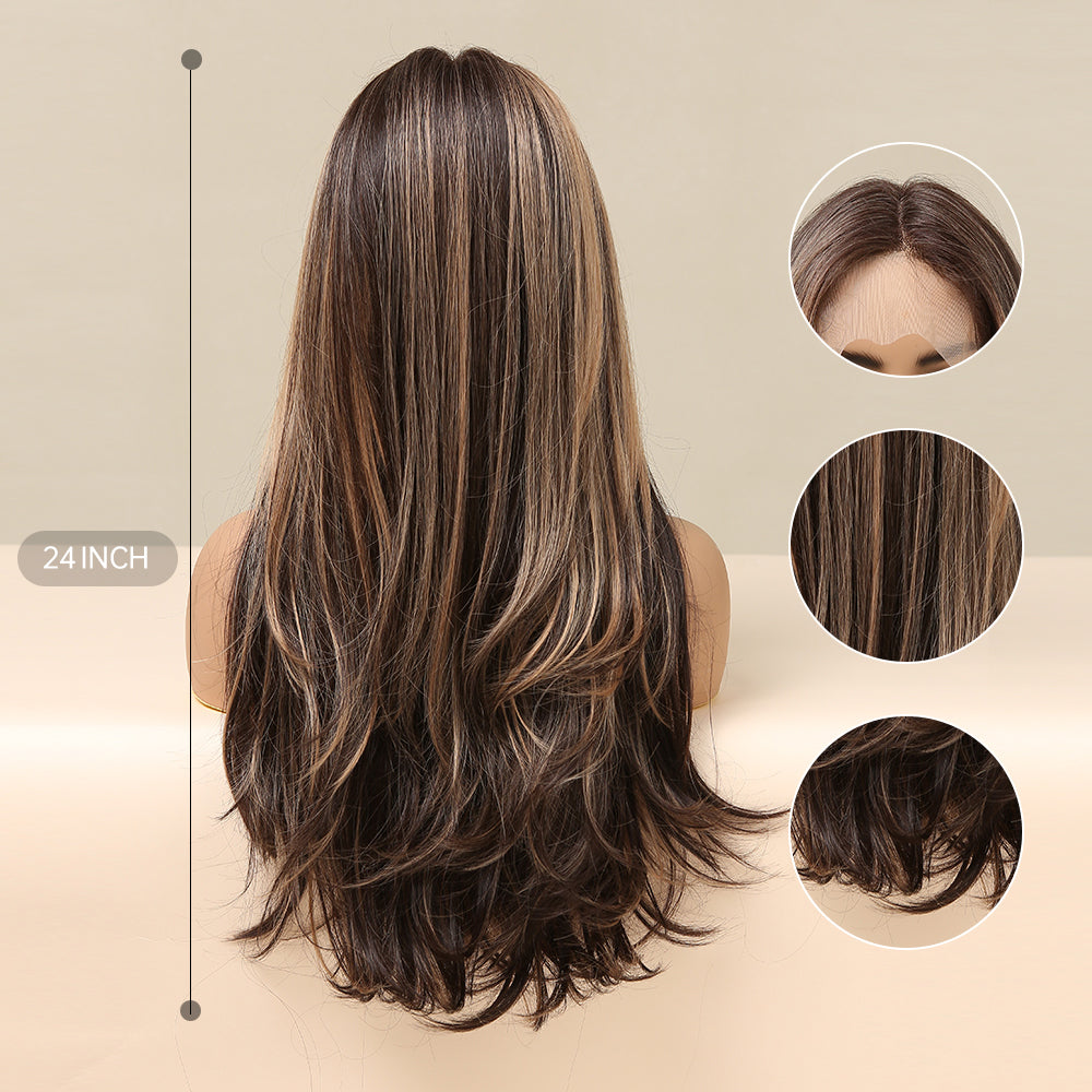 ✨2PCS 50% OFF✨ FH P13964 highlight straight middle part lace frontal synthtetic wig