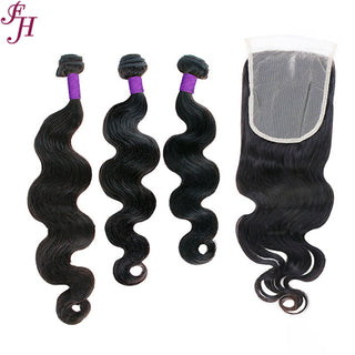 FH three body wave human hair bundles with one 5x5 closure