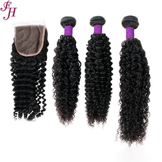 FH three deep curly hair weave with 4x4 lace closure