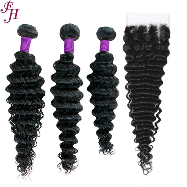 FH three deep wave human hair bundles with one 5x5 closure