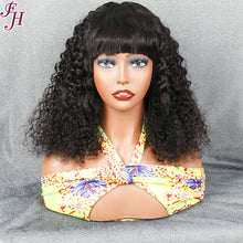 FH natural black deep curly human hair machine made wig with bang