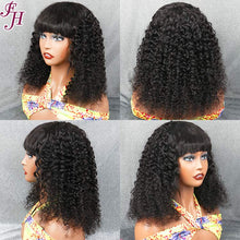 FH natural black deep curly human hair machine made wig with bang