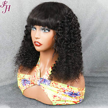 FH natural black deep curly human hair machine made wig with bang