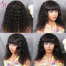 FH natural black deep wave human hair machine made wig with bang
