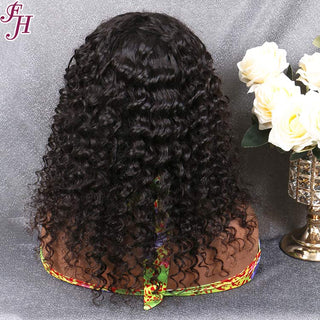 FH natural black deep wave human hair machine made wig with bang