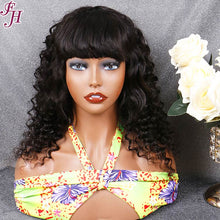 FH natural black deep wave human hair machine made wig with bang