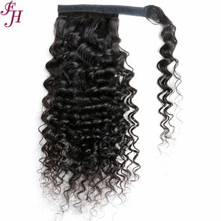 FH 100% virgin human hair black deep wave velcro ponytail